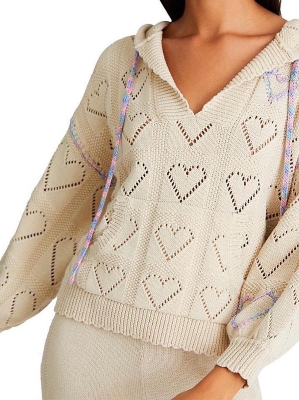 LoveShackFancy Meara Heart Pointelle Hoodie Cream